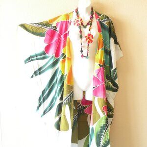 CD544 Floral Batik Women Hand Painted Cover Up Maxi Cruise Cardigan fit upto 5X